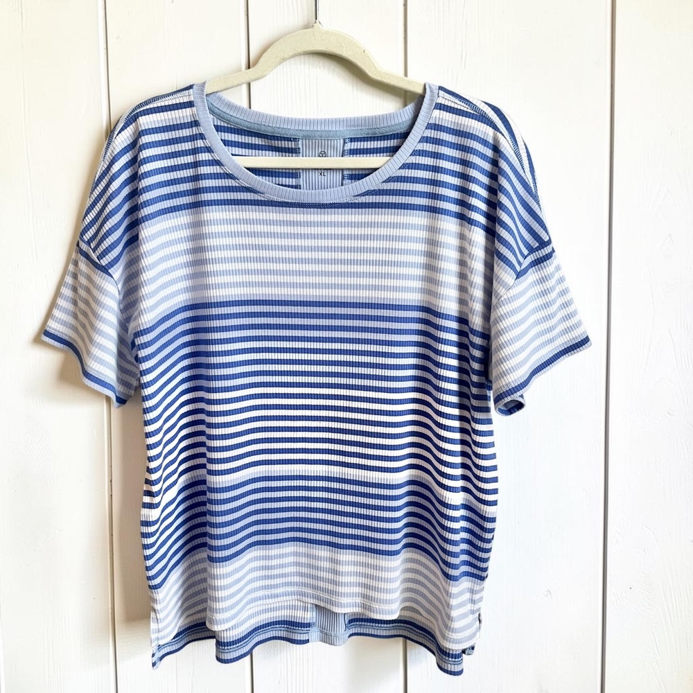 T by Talbots Striped Ribbed Knit Tee Women's XL Blue White Relaxed Boxy Coastal